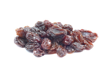 Dried grapes on white background.