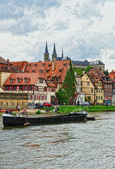 Obraz premium Boat Fishermen houses and Regnitz River of Little Venice Bamberg