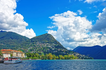 Boat with flag at promenade in Lugano  Ticino Switzerland