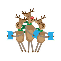 Funny reindeer singing Christmas carols, holding sheet music, with green scarves.Vector illustration.