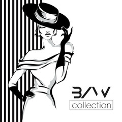 Black and white fashion woman model with boutique logo background. Hand drawn vector