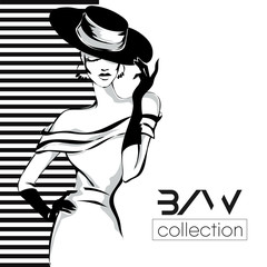 Black and white fashion woman model with boutique logo background. Hand drawn vector