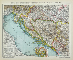 Antique map from 1899 of South East Europe including Bosnia Dalmatia Istria Croatia Slovenia...