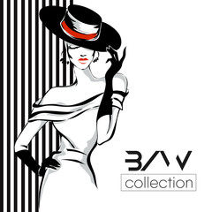 Black and white fashion woman model with boutique logo background. Hand drawn vector