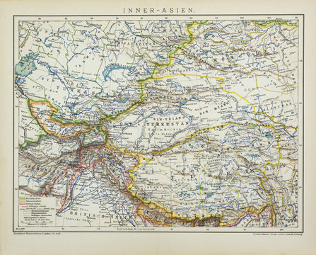 899 Central Asia antique political map also showing Russian, Chinese, British occupation, from the german Brockhaus Conversation Encyclopedia  14th edition, 17 volumes.