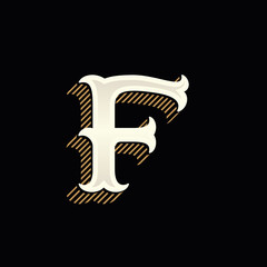 Fototapeta premium F letter logo in vintage western style with lines shadow.