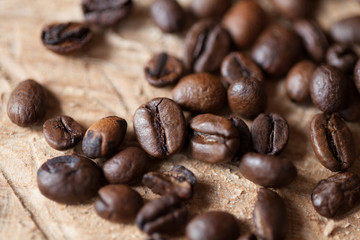 Closeup of coffee beans with focus on one
