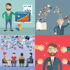 Concept of businessman with task, meeting, marketing, knowledge, work and colleges.