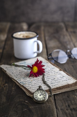 Vintage pocket watch with cup of coffee