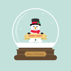 cartoon christmas snowglobe and cute snowman with a sign