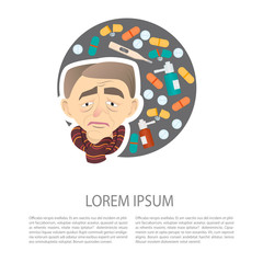 Sick old man cartoon character. Vector illustration in flat styl