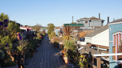 SAN FRANCISCO, USA - OCTOBER 4th, 2014: A community on the water in Sausalito, Floating Homes in Northern California.