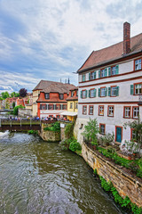 Fototapeta na wymiar Fishermen houses and Regnitz River in Little Venice Bamberg