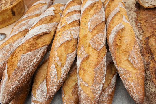 Fresh baguettes in a market