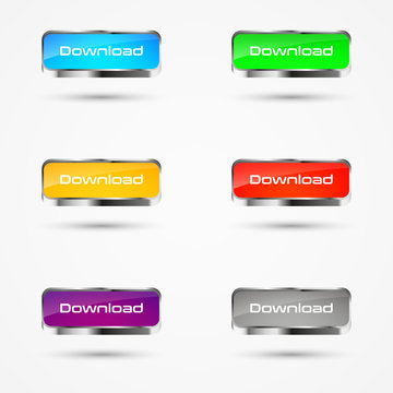 Set of colored download buttons with metal frame, vector illustration, isolated