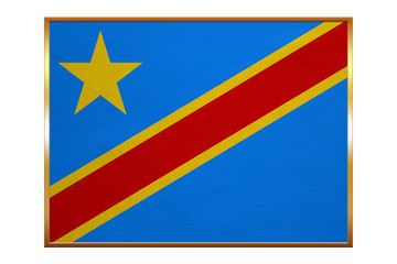 Flag of DR Congo, golden frame, fabric texture
