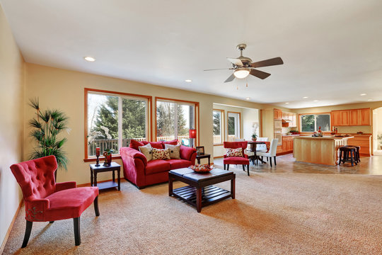 Cozy Living Room Interior With Red Velvet Furniture