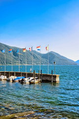 Motor Boats at embankment at Ascona resort in Ticino Switzerland