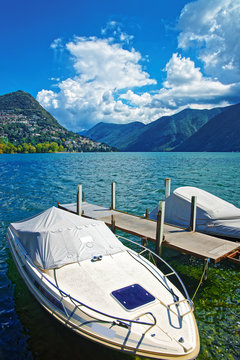 Motor Boats at promenade Lugano Ticino in Switzerland