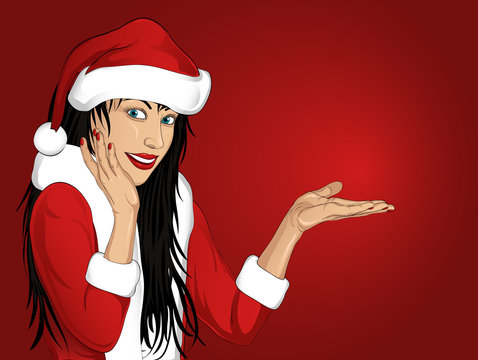 Happy smiling woman in a dress and hat of Santa Claus. Vector