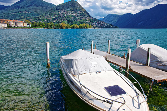 Motor Boats at promenade in Lugano in Ticino of Switzerland