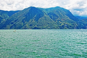 Nature of Lake Lugano and mountains in Ticino Switzerland