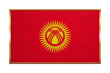 Flag of Kyrgyzstan, golden frame, fabric texture