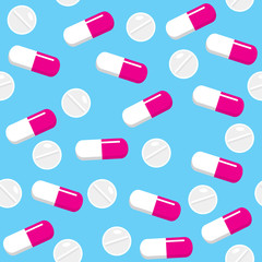 Seamless blue pattern with capsules and tablets. Medical background. Vector illustration.