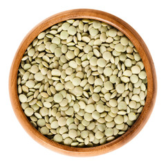 Green lentils in wooden bowl on white background. Seeds of Lens culinaris, edible raw pulses of the legume family. Isolated close up macro food photo from above.