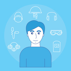 Image of man and icons of personal protective equipment sight, hearing, smell and head. Vector illustration.