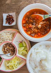 Khanom Jeen Nam Ngiew, thailand northern noodle cuisine, side dishes,close up