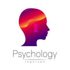 Modern head logo of Psychology. Profile Human. Creative style. Logotype in vector. Design concept. Brand company. Violet color isolated on white background. Symbol for web, print, card, flyer.