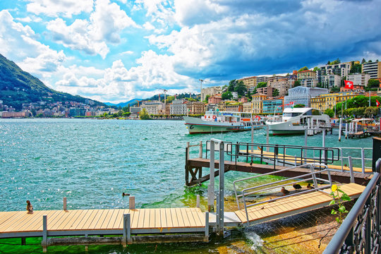 Ship at landing stage in Lugano in Ticino Switzerland