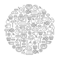 round design element with sweets and desserts icons