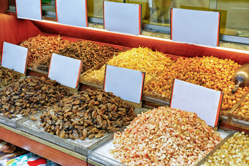 Stall with seafood in Kowloon in Hong Kong