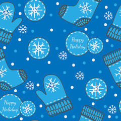 Seamless with sticker Happy Holiday, snowflake, mitten and socks