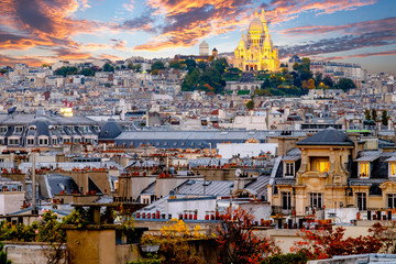 View of the Sacre Coeur Cathedral in Paris, France. Photo at sunset.