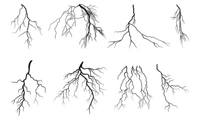 Lightning Thunder Storm Zapping Vector Silhouette Set Isolated on White Background