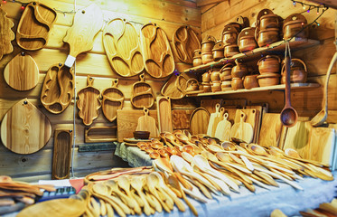 Wooden kitchen utensils at Christmas Market in Riga Latvia - obrazy, fototapety, plakaty