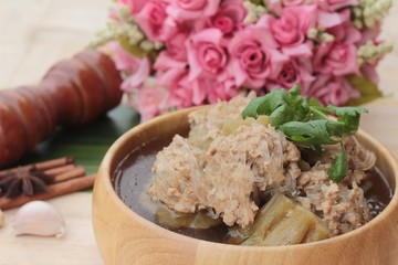 Soup with bitter melon stuffed with minced pork.
