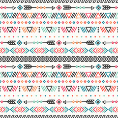 Day of the Dead. Tribal hand drawn line mexican ethnic seamless pattern. Border. Wrapping paper. Print. Doodles. Tiling. Handmade native vector illustration. Aztec background. Texture. Style skull. - 128057820