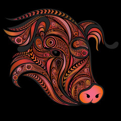 Pink pig. Vector drawing of the head of a pig made of flowers on black background
