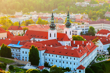 Strahov monastery at sunset, top view, Prague, Czech Republic