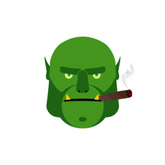 Angry ogr with cigar. Aggressive green monster isolated - obrazy, fototapety, plakaty