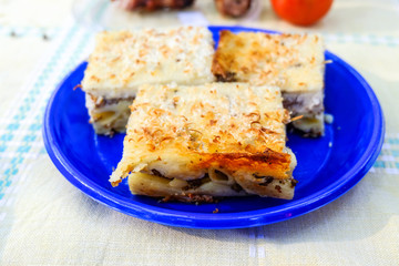 Greek pasta with cream and meat pastitsio makaronia tou fournou