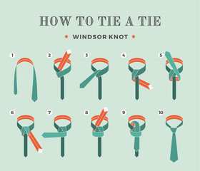 Instructions on how to tie a tie on the turquoise background of the eight steps. Windsor knot . Vector Illustration.