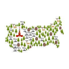 Russia Map isolated cartoon style. Moscow Kremlin and bear. fore