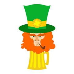 Leprechaun with red beard and beer. St. Patricks Day character.