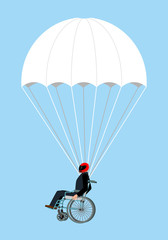 Disabled skydiver isolated. Wheelchair on parachute on sky