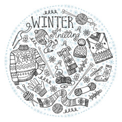 Doodle winter knitting.Circle composition.Black